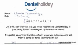 Hand written testimonial from Dental Holiday