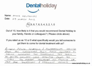 Hand written patient testimonial from Dental Holiday